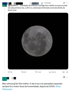 Comentário no X com ceticismo sobre imagens reais da Lua. Foto: MeltWater/Reprodução