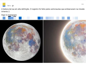 Publicação no Facebook e Instagram afirma que a missão Artemis II ‘descobriu’ que a Lua é colorida, o que é falso. Foto: Reprodução