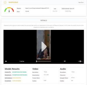 Submetemos o vídeo ao detector de deep fake Deepware, que considerou o vídeo suspeito. — Foto: Reprodução