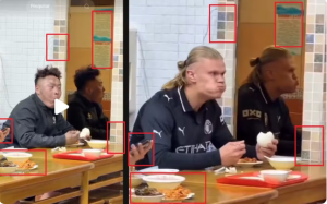 Veja as coincidências nos detalhes do vídeo do criador chinês (à esquerda) com o vídeo em que o rosto dele for torcado pelo do jogador Haaland (à direita) — Foto: Reprodução
