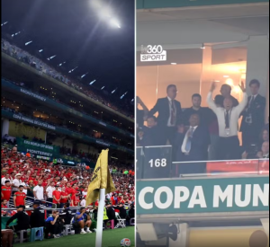 Estádio Monterrey exibe faixa que diz "Copa Mundial" e fundo amarelo abaixo, assim como no vídeo viral. — Foto: Eloisa Sanchez/Reuters e Reprodução/Redes Sociais